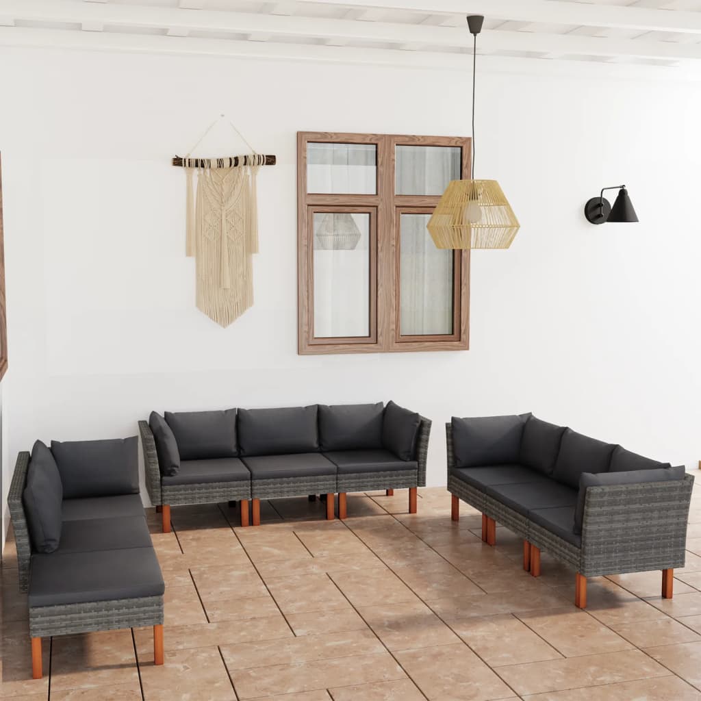 9-delige Loungeset met kussens poly rattan grijs 9 5x hoek + 3x midden + voetensteun