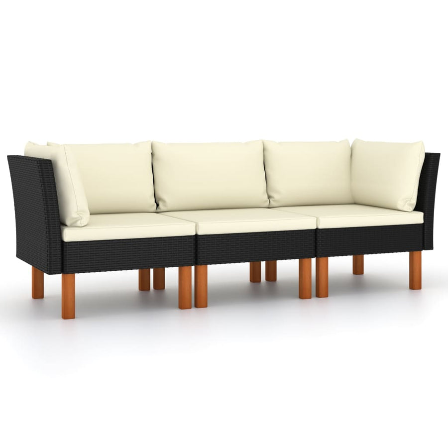 Tuinbank 3-Zits Met Kussens Poly Rattan Zwart Driezitsbank