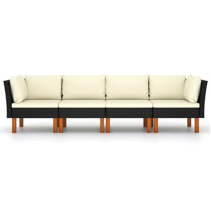 Tuinbank 4-zits met kussens poly rattan zwart Zwart Vierzitsbank