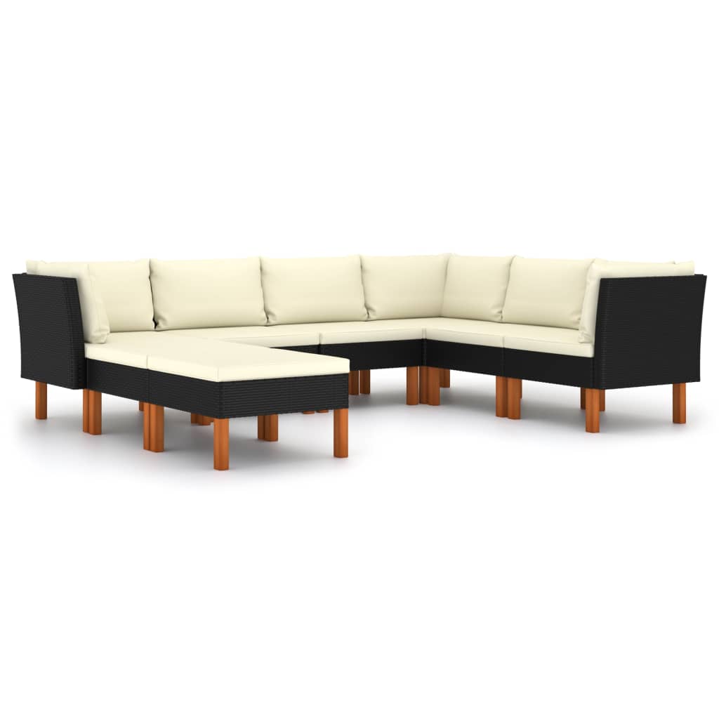 Loungeset met kussens poly rattan 8 3x hoek + 3x midden + 2x voetensteun