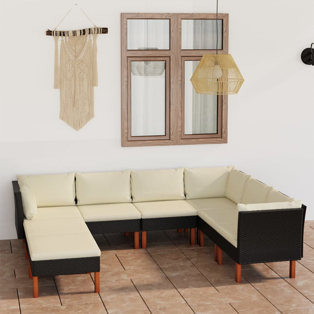 Loungeset met kussens poly rattan 8 3x hoek + 3x midden + 2x voetensteun