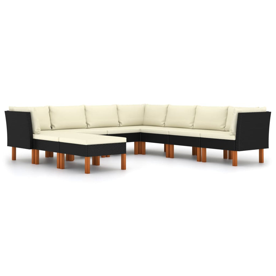 Loungeset met kussens poly rattan 9 3x hoek + 4x midden + 2x voetensteun