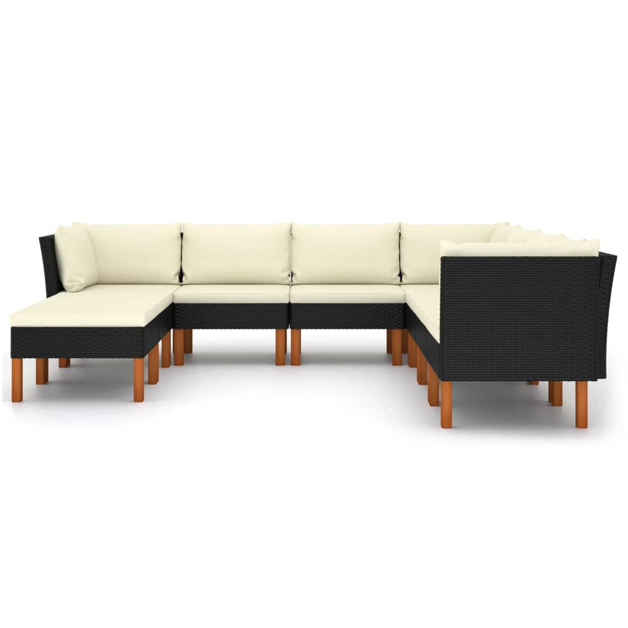 Loungeset met kussens poly rattan 9 3x hoek + 4x midden + 2x voetensteun