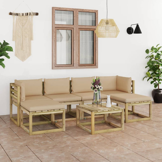 7-Delige Loungeset Met Kussens Geïmpregneerd Grenenhout Beige 1 2x hoek + 2x midden + 3x Tafel