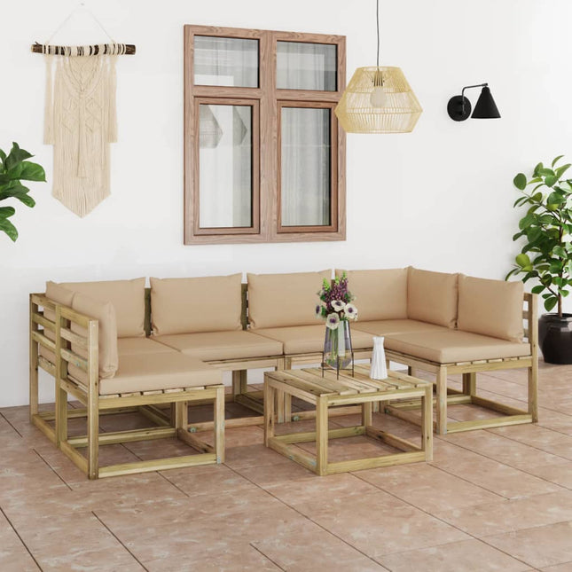 7-Delige Loungeset Met Kussens Geïmpregneerd Grenenhout Beige 1 2x hoek + 4x midden + Tafel