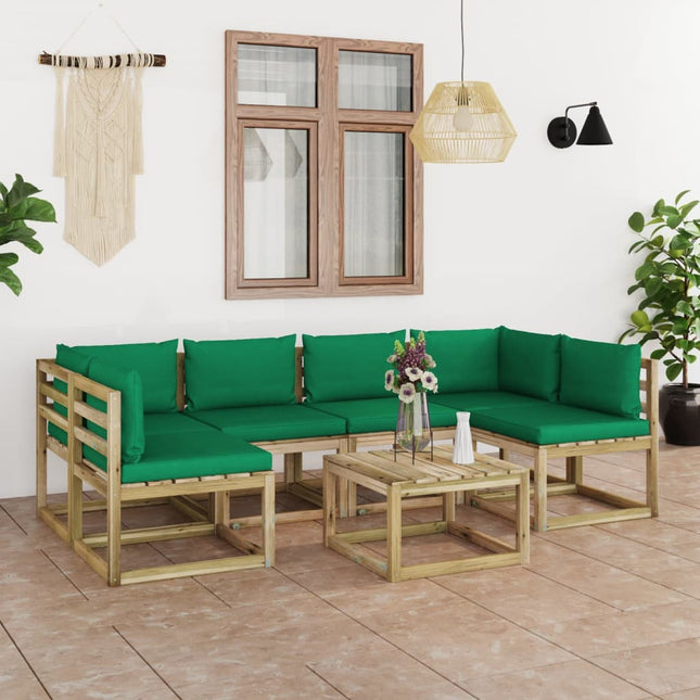 7-Delige Loungeset Met Kussens Geïmpregneerd Grenenhout Groen 1 2x hoek + 4x midden + Tafel