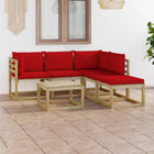 6-Delige Loungeset Met Rode Kussens Rood 1 2x hoek + 2x midden + voetensteun + Tafel