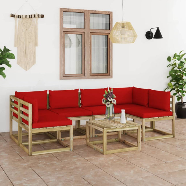 7-Delige Loungeset Met Kussens Geïmpregneerd Grenenhout Rood 1 2x hoek + 4x midden + Tafel