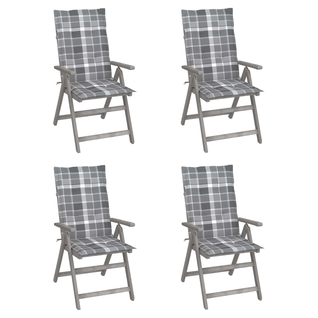 Tuinstoelen Verstelbaar Met Kussens Massief Acaciahout 4 Grijs ruitpatroon