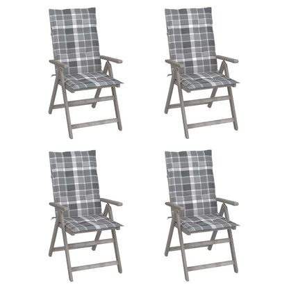 Tuinstoelen Verstelbaar Met Kussens Massief Acaciahout 4 Grijs ruitpatroon