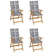 Tuinstoel massief teakhout grijs geruit kussen 4 stuks
