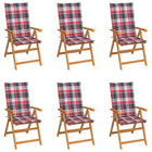 Garden chairs 6 pcs with red checkered cushions solid teak