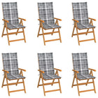 Tuinstoelen 6 st massief teakhout grijs geruite kussens