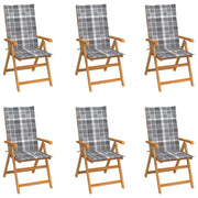 Garden chairs 6 pcs with grey checked cushions solid teak