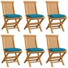 Tuinstoelen massief teakhout set van 6 met blauwe kussens