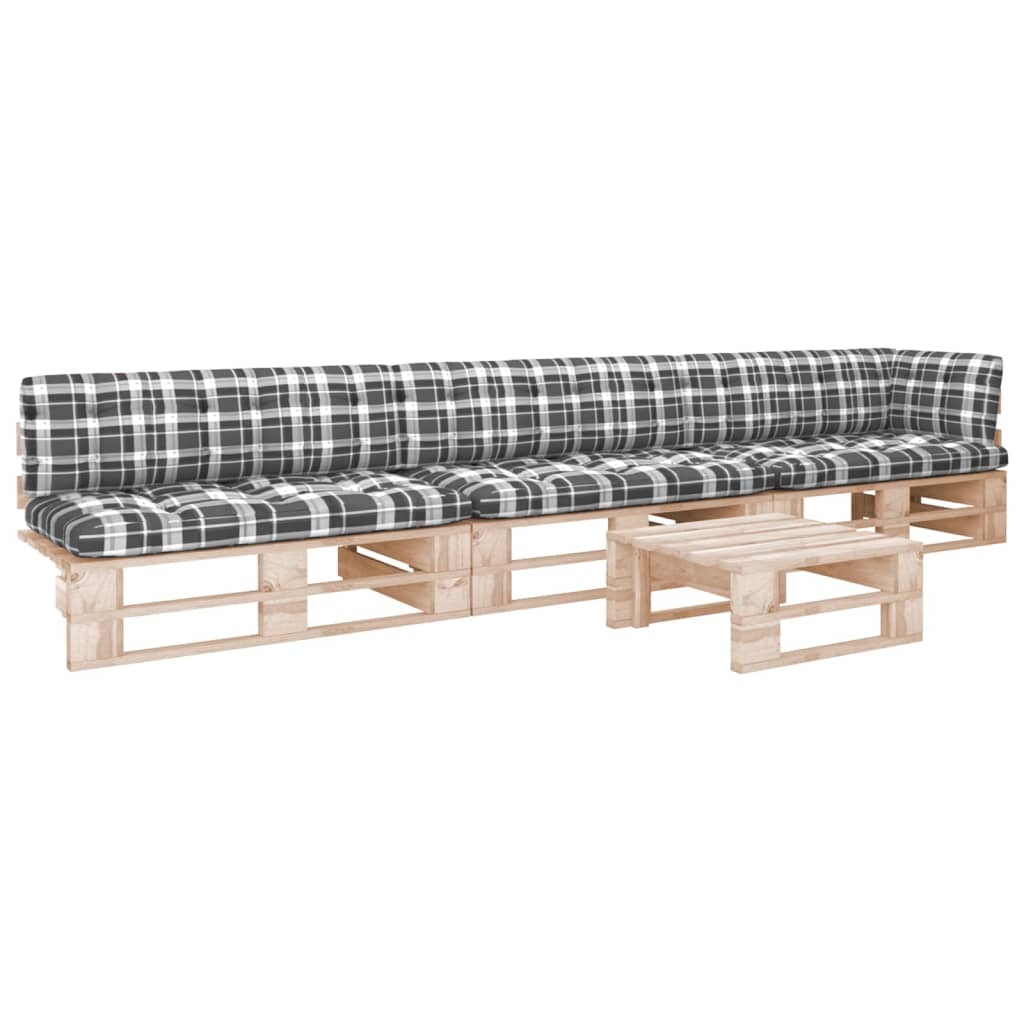 4-Delige Loungeset Pallet Met Kussens Geïmpregneerd Grenenhout Grijs Ruitpatroon 1
