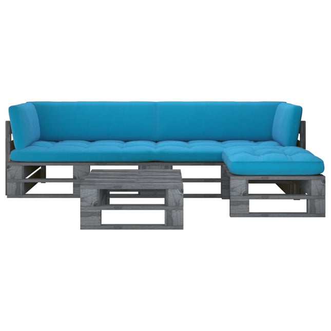 4-Delige Loungeset Pallet Met Kussens Geïmpregneerd Hout Blauw 1 Grijs 2x hoek + voetensteun + Tafel