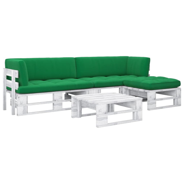 4-Delige Loungeset Pallet Met Kussens Geïmpregneerd Hout Groen 1 Wit 2x hoek + voetensteun + Tafel