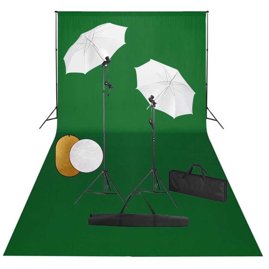 Fotostudioset met lampen, paraplu's, achtergrond en reflector