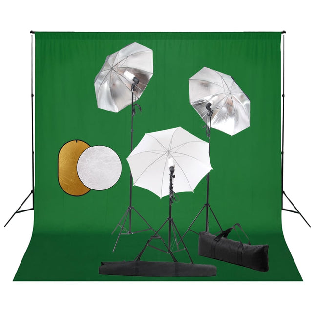 Fotostudioset Met Lampen, Paraplu's, Achtergrond En Reflector 300 x 300 cm Groen