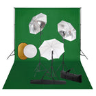 Photo studio set with lights, umbrellas, backdrop, and reflector