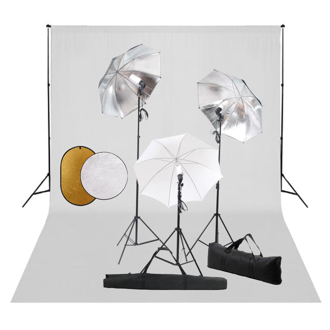 Fotostudioset Met Lampen, Paraplu's, Achtergrond En Reflector 500 x 300 cm Wit