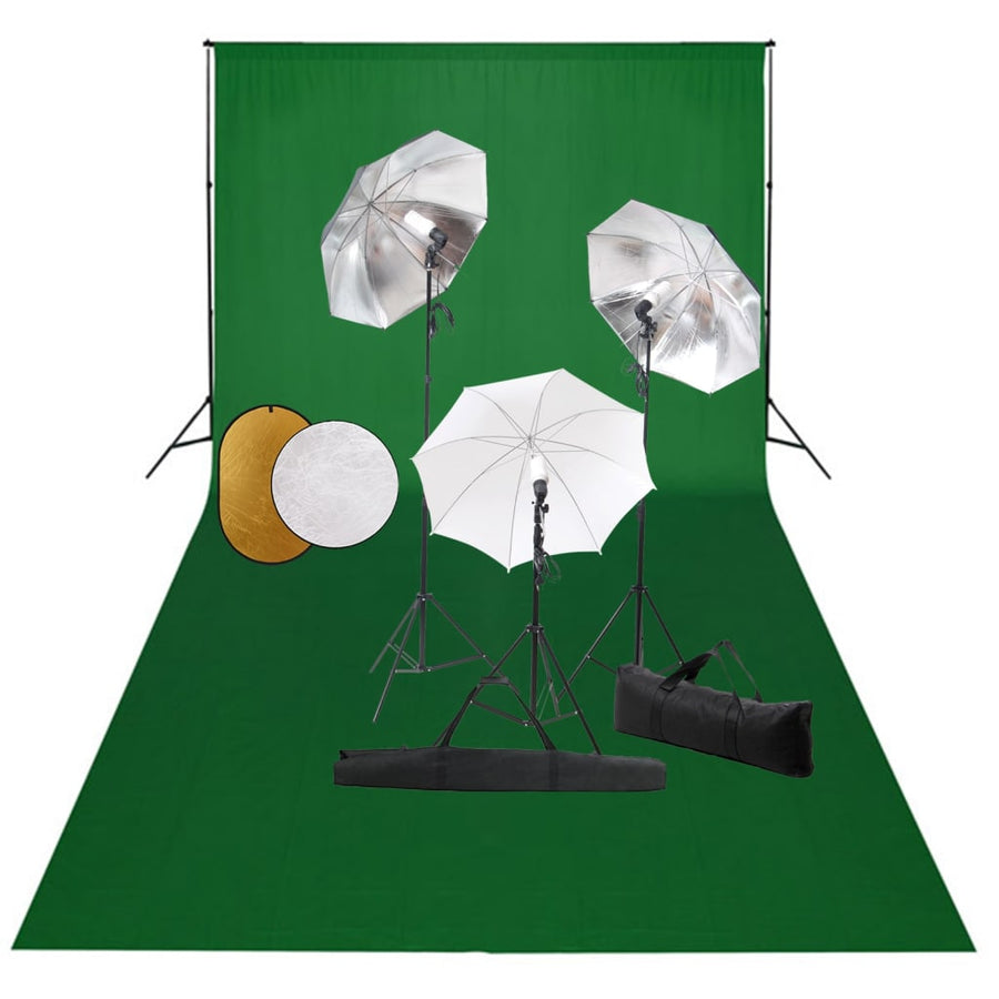 Fotostudioset met lampen, paraplu's, achtergrond en reflector