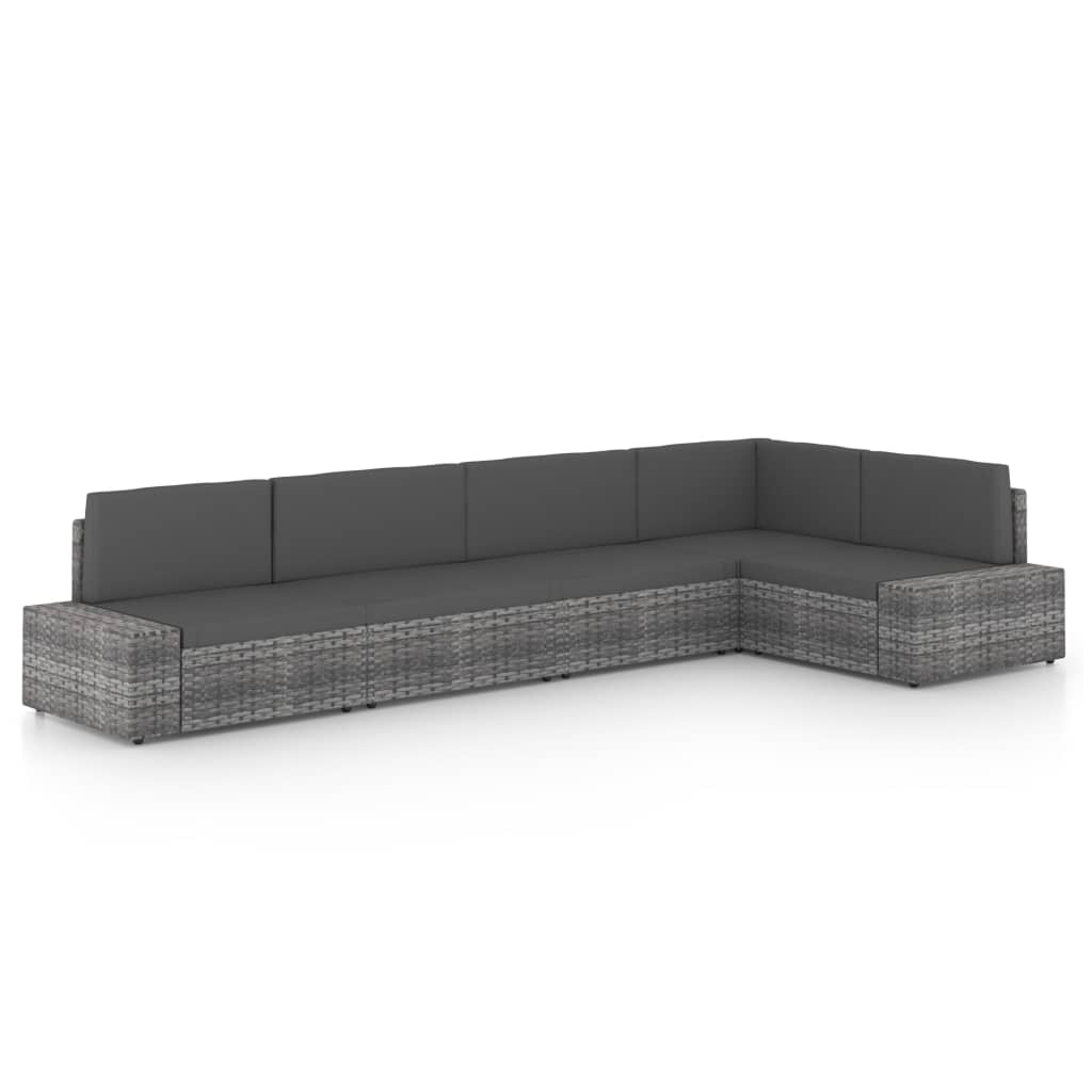 5-delige Loungeset met kussens poly rattan grijs