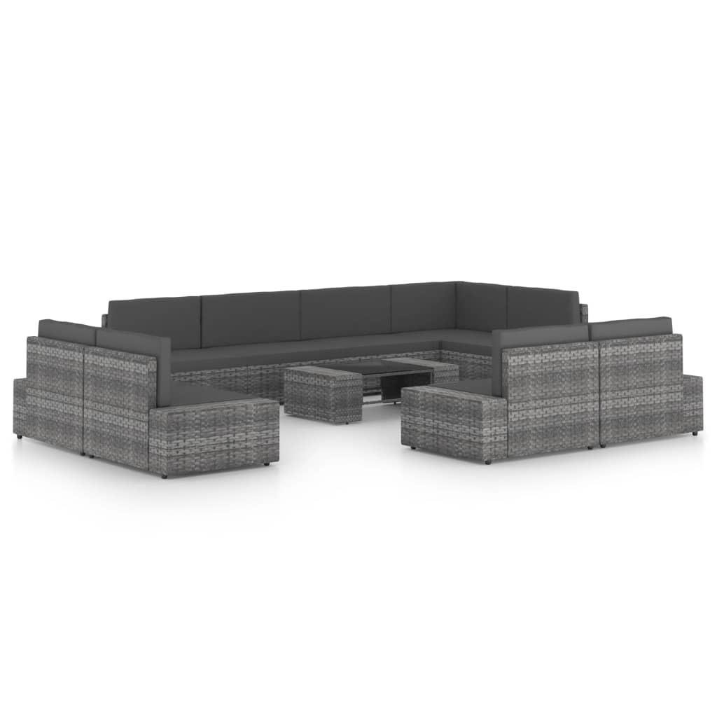 10-delige Loungeset met kussens poly rattan grijs