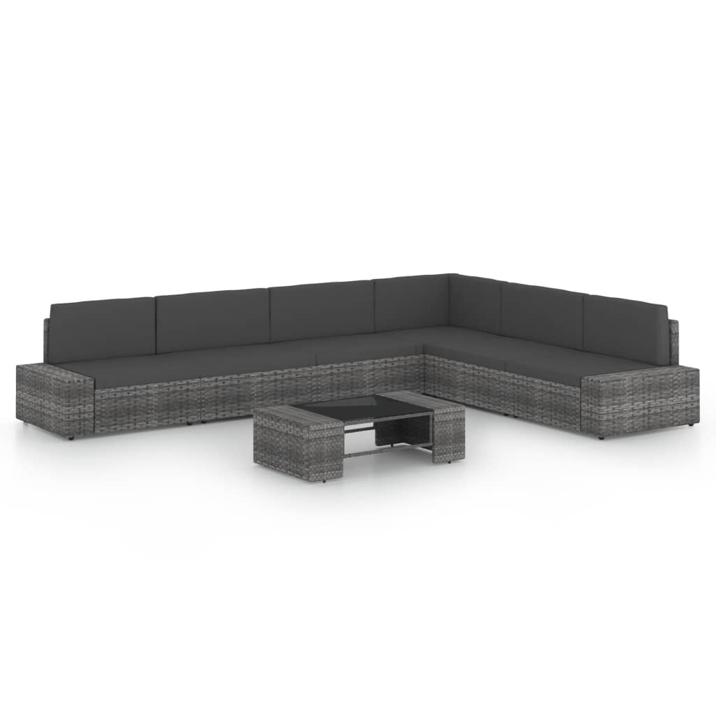 7-delige Loungeset met kussens poly rattan grijs