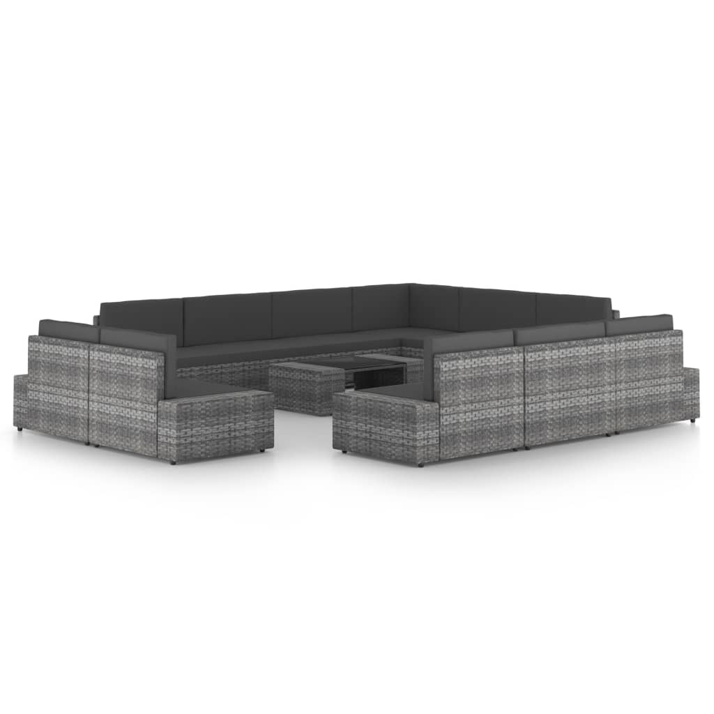 12-delige Loungeset met kussens poly rattan grijs