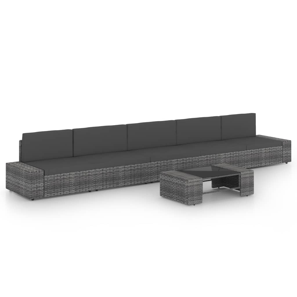 6-Delige Loungeset Met Kussens Poly Rattan Grijs 2x hoek + 3x midden + Tafel