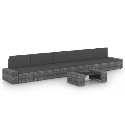 6-Delige Loungeset Met Kussens Poly Rattan Grijs 2x hoek + 3x midden + Tafel