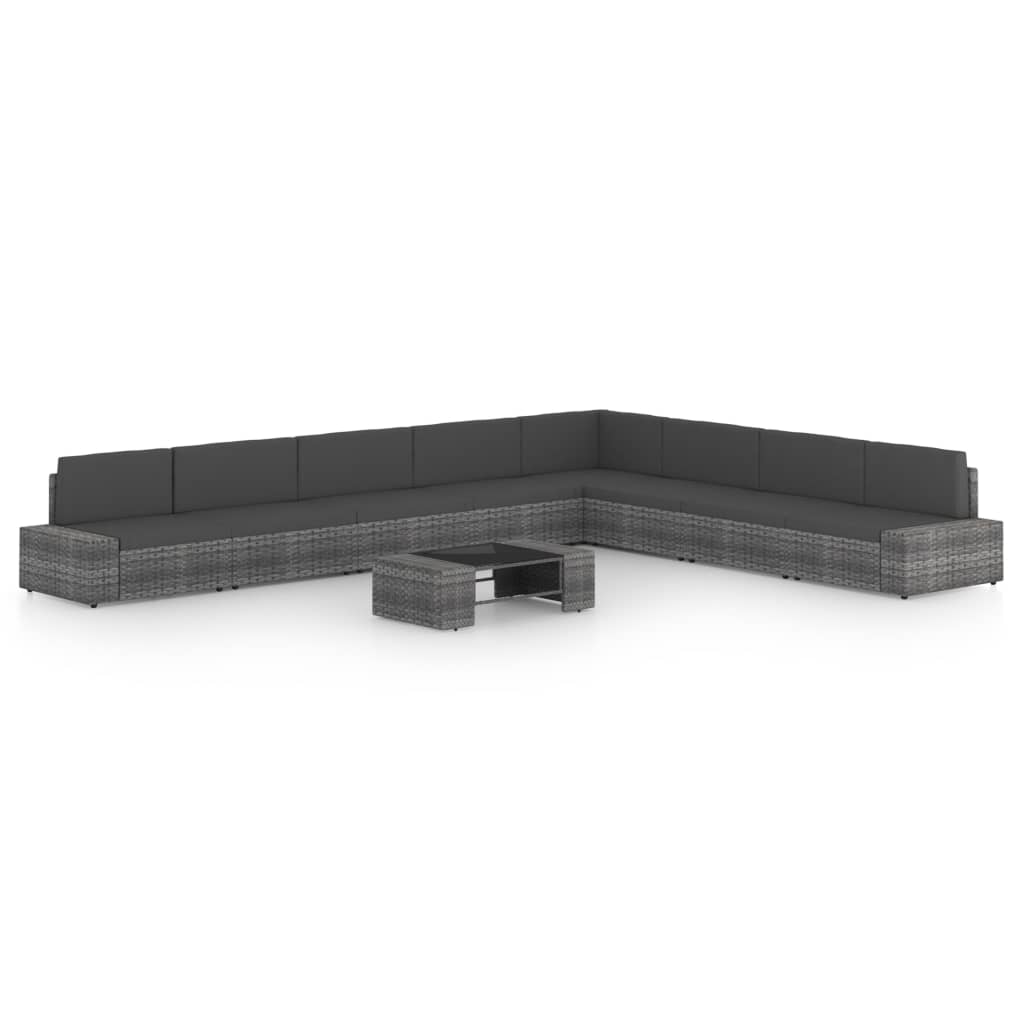 9-delige Loungeset met kussens poly rattan grijs