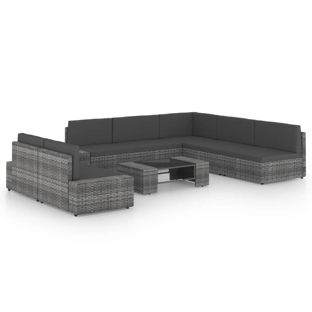 8-delige Loungeset met kussens poly rattan grijs