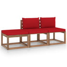 3-Delige Loungeset Pallet Met Kussens Geïmpregneerd Grenenhout Rood 1 2x midden + voetensteun