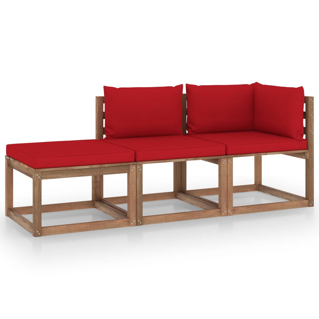 3-Delige Loungeset Pallet Met Kussens Geïmpregneerd Grenenhout Rood 1 hoek + midden + voetensteun