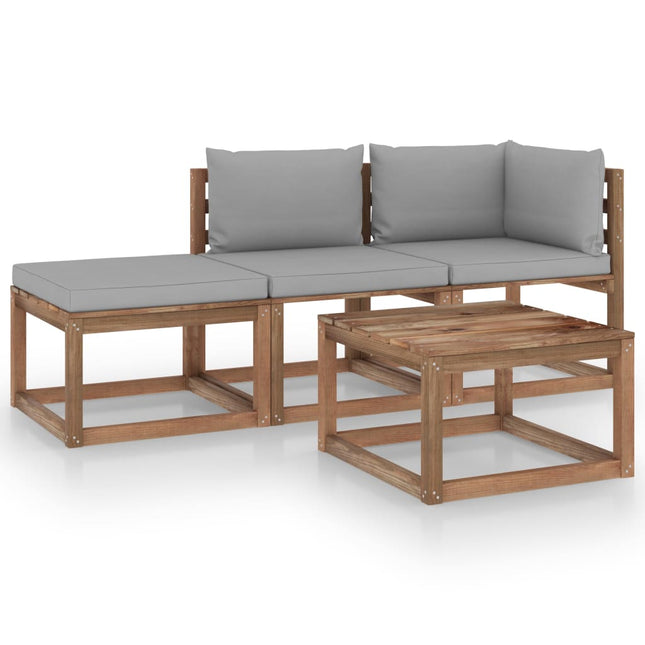 4-Delige Loungeset Pallet Met Kussens Geïmpregneerd Grenenhout Grijs 1 hoek + midden + voetensteun + Tafel