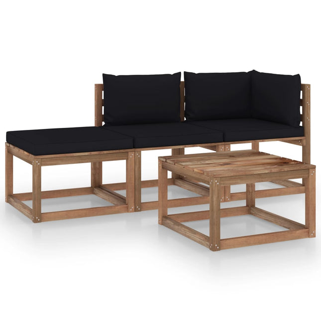 4-Delige Loungeset Pallet Met Kussens Geïmpregneerd Grenenhout Zwart 1 hoek + midden + voetensteun + Tafel