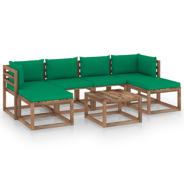 7-Delige Loungeset Pallet Met Kussens Geïmpregneerd Grenenhout Groen 1 2x hoek + 2x midden + 3x Tafel