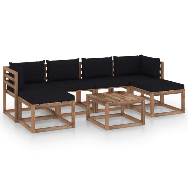 7-Delige Loungeset Pallet Met Kussens Geïmpregneerd Grenenhout Zwart 1 2x hoek + 2x midden + 3x Tafel