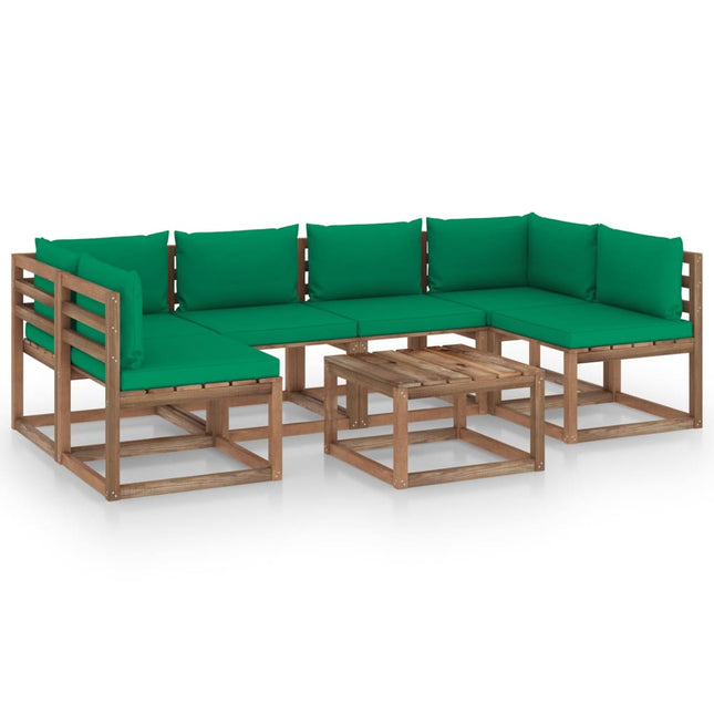 7-Delige Loungeset Pallet Met Kussens Geïmpregneerd Grenenhout Groen 1 2x hoek + 4x midden + Tafel