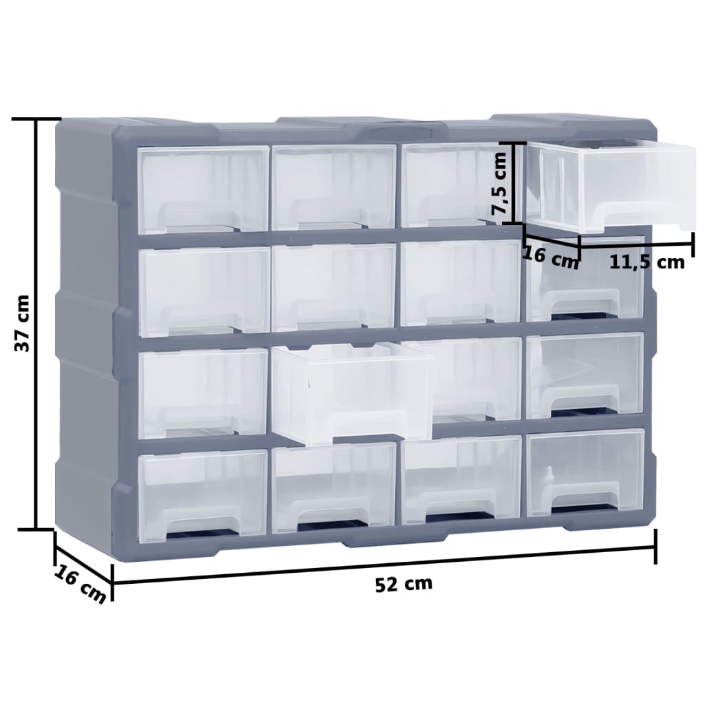 Organiser met 16 medium lades 52x16x37 cm 16 lades Grijs
