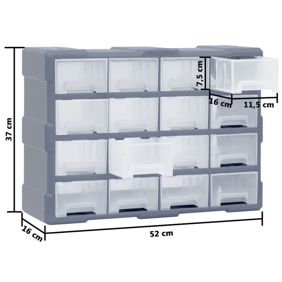Organiser met 16 medium lades 52x16x37 cm 16 lades Grijs