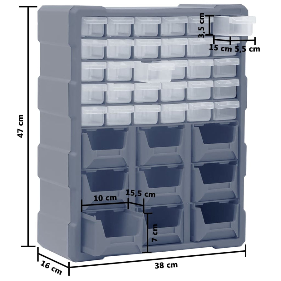 Organiser met 39 lades 38x16x47 cm 30 + 9 lades Grijs