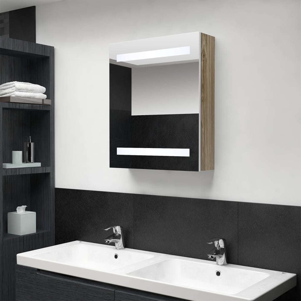 Badkamerkast Met Spiegel En Led 50X4X60 Cm Kleurig Wit en eiken