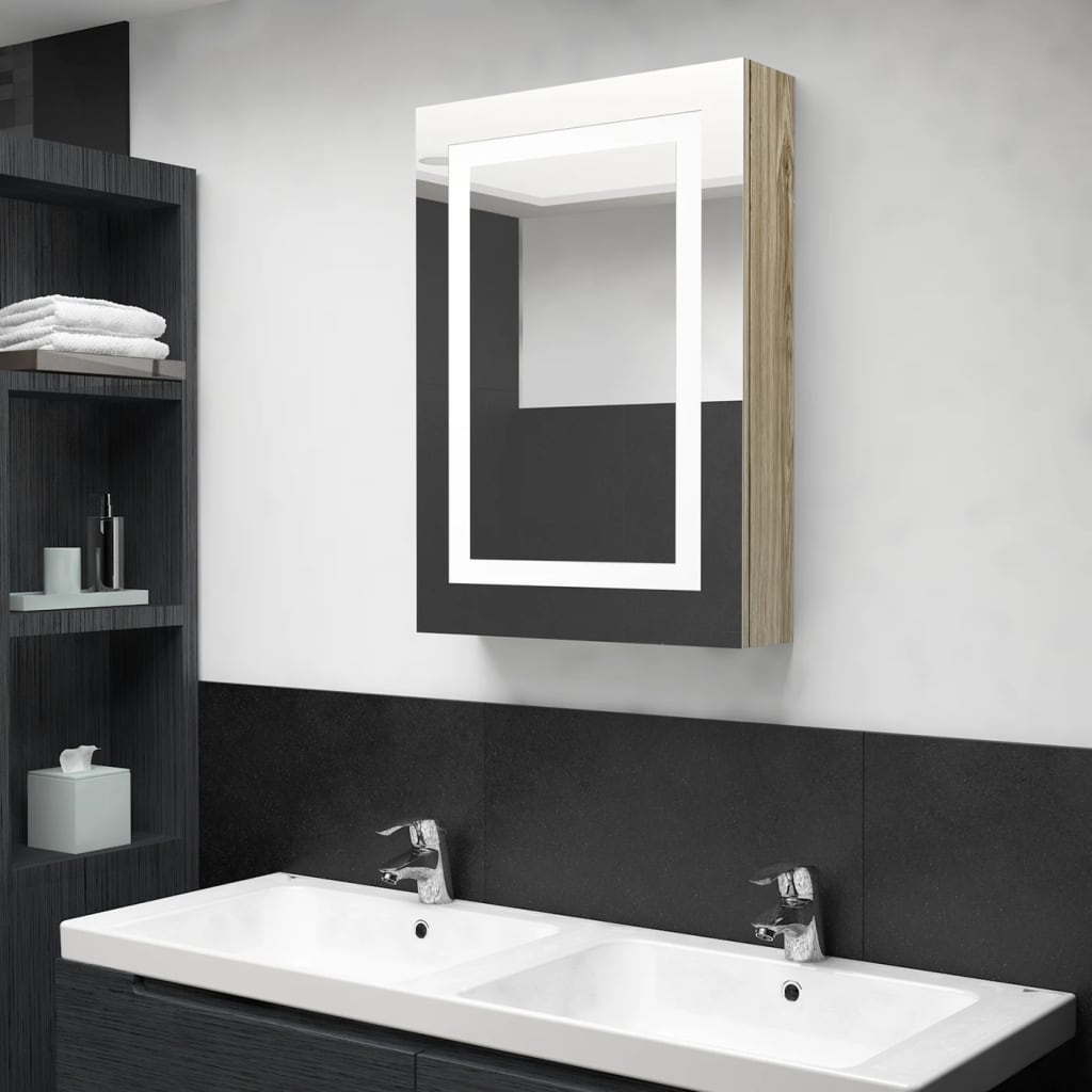 Badkamerkast Met Spiegel En Led 50X3X70 Cm Kleurig Eiken