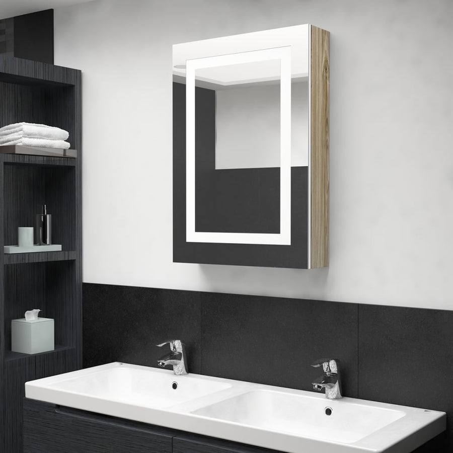 Badkamerkast Met Spiegel En Led 50X3X70 Cm Kleurig Wit en eiken