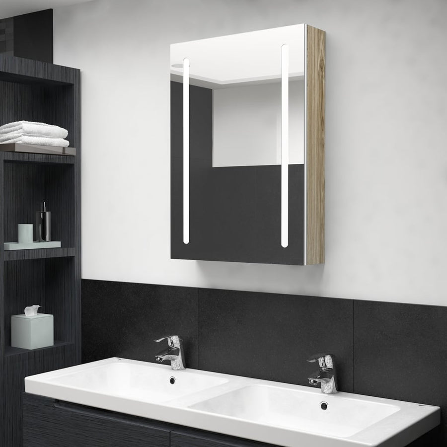 Badkamerkast Met Spiegel En Led Kleurig 50 x 13 x 70 cm Wit en eiken
