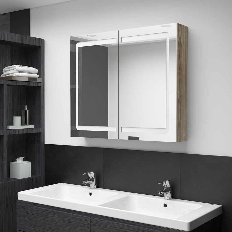 Badkamerkast Met Spiegel En Led 80X2X68 Cm Kleurig Eiken